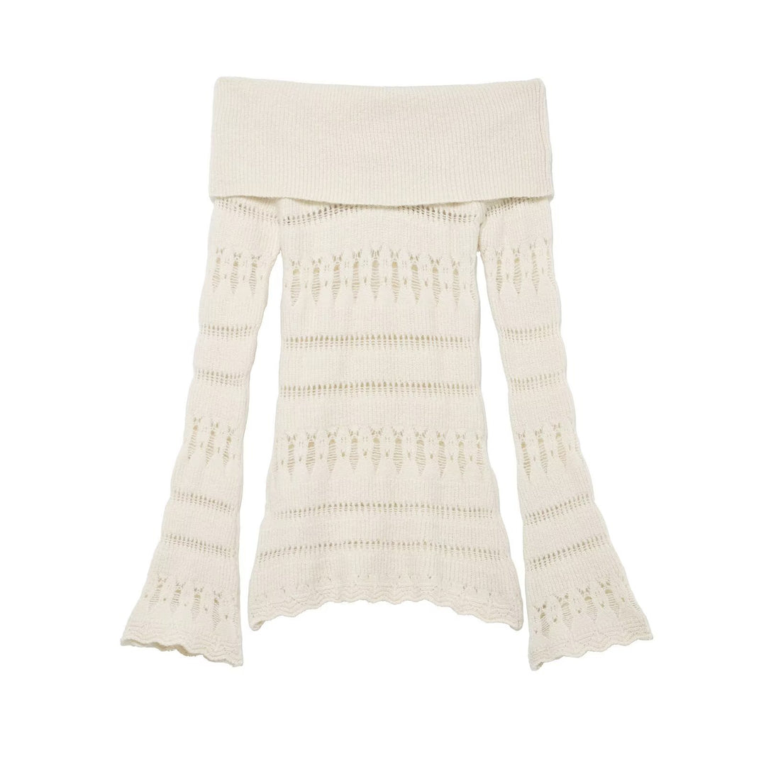 Damen Off-Shoulder Feinstrickpullover mit überfallendem Rollkragen und Trompetenärmeln Drune