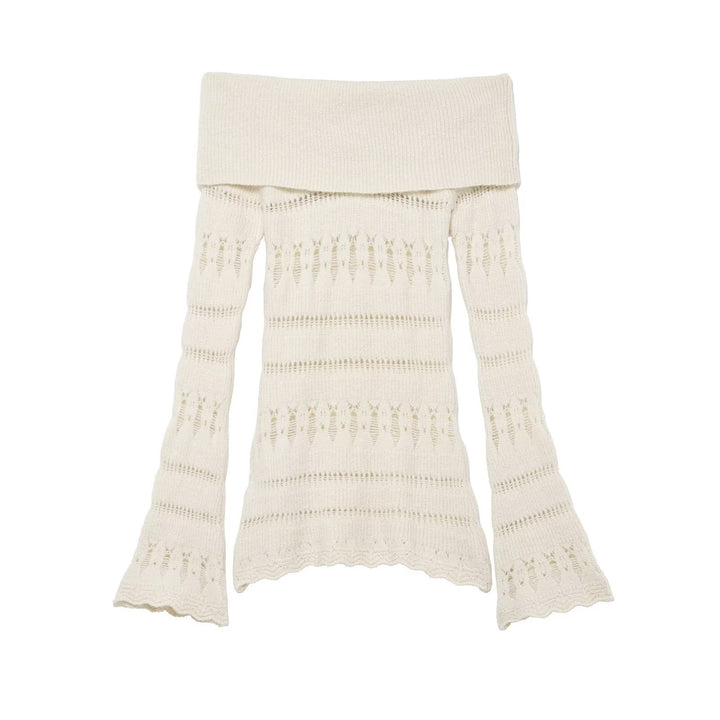 Damen Off-Shoulder Feinstrickpullover mit überfallendem Rollkragen und Trompetenärmeln Drune