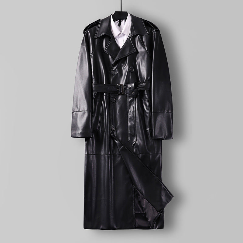 Herren Langer Kunstleder-Trenchcoat mit Doppelreiher, Taillengürtel und Schulterklappen Drune