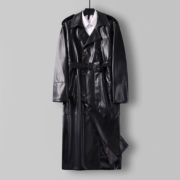 Herren Langer Kunstleder-Trenchcoat mit Doppelreiher, Taillengürtel und Schulterklappen Drune