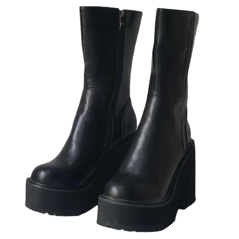 Damen Plateau-Stiefel mit hohem Blockabsatz und modischem Reißverschluss Drune
