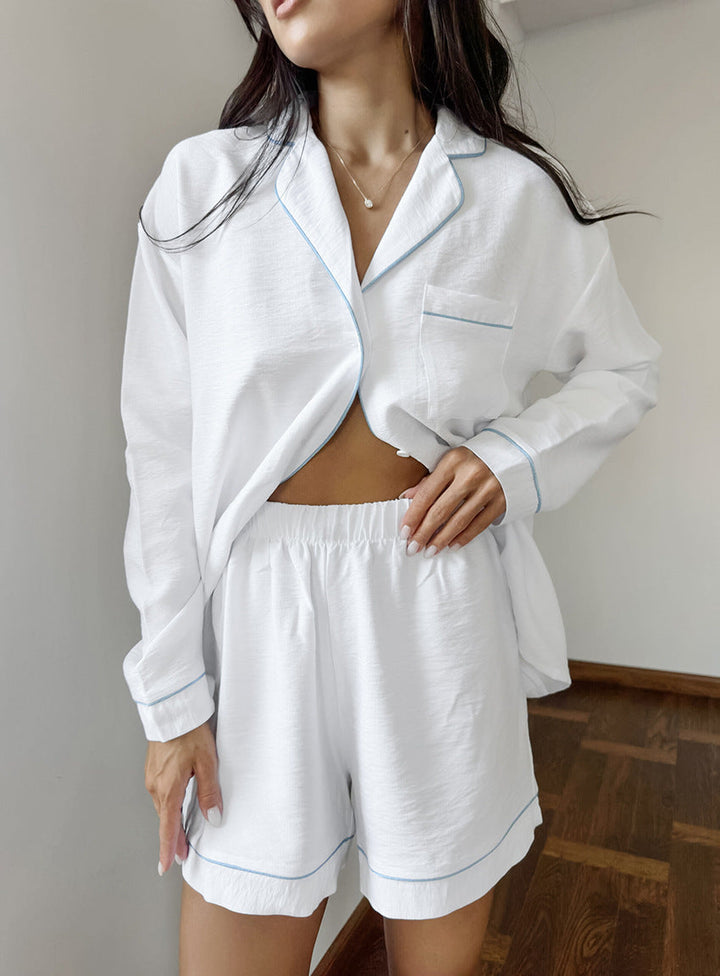 Damen Kurzarm Pyjama Set mit eleganter Paspelierung Drune