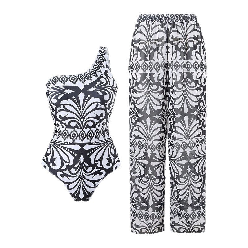 Damen Einteiler Badeanzug mit elegantem asymmetrischen Design und passender Hose Drune