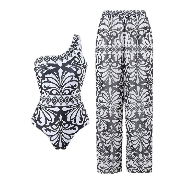 Damen Einteiler Badeanzug mit elegantem asymmetrischen Design und passender Hose Drune