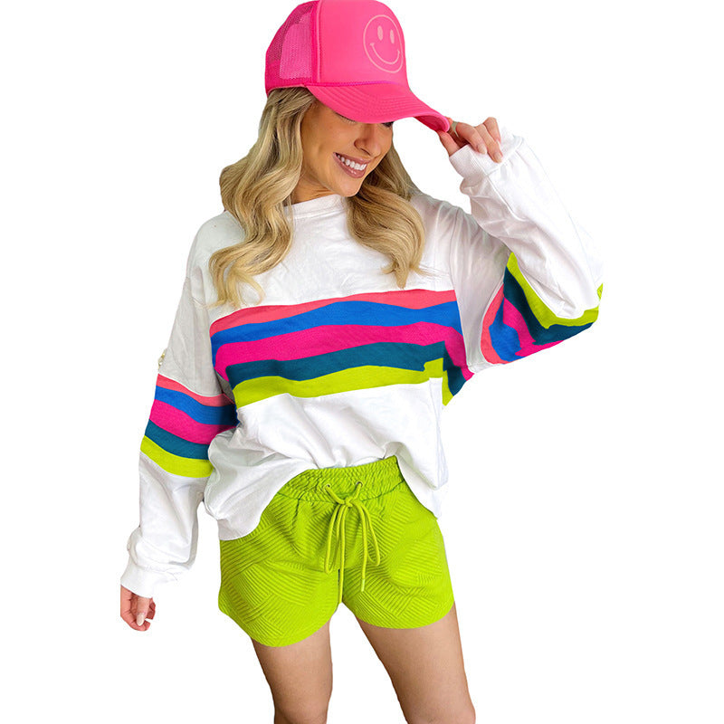 Damen lässiges Oversized-Sweatshirt mit bunten Streifen und tieferem Rundhalsausschnitt Drune