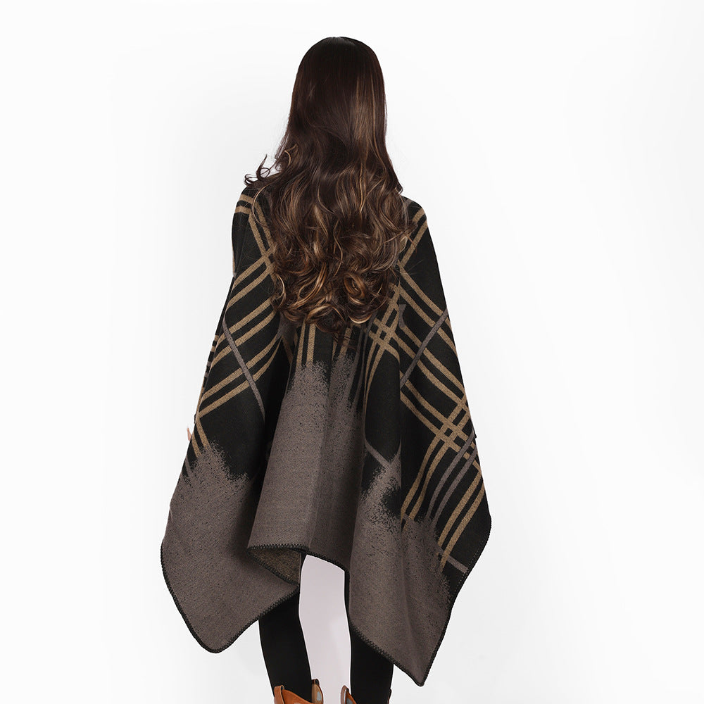Damen Oversize-Capeponcho aus Wollmix mit Stern- und Karojacquard und weichfallendem Fall Drune
