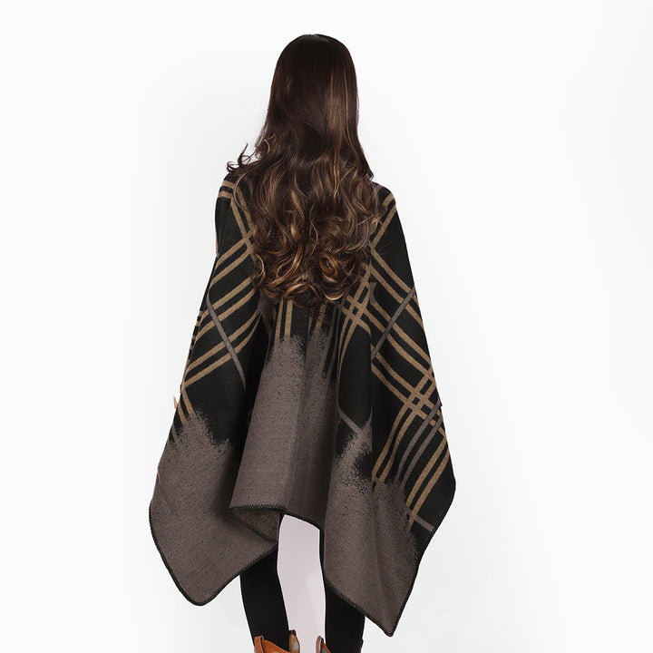 Damen Oversize-Capeponcho aus Wollmix mit Stern- und Karojacquard und weichfallendem Fall Drune
