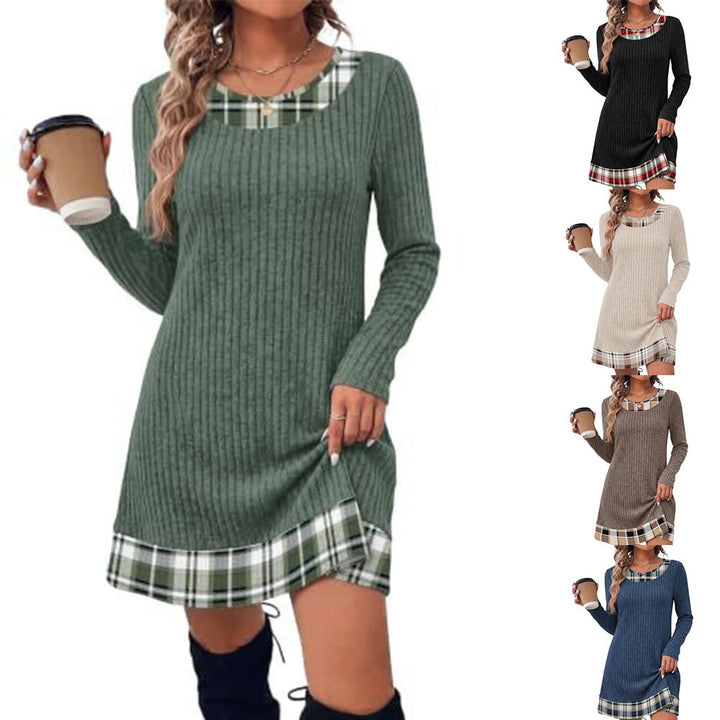 Damen Gerippte Longshirt‑Kleid mit Karierter Saum‑ und Ausschnittblende Drune