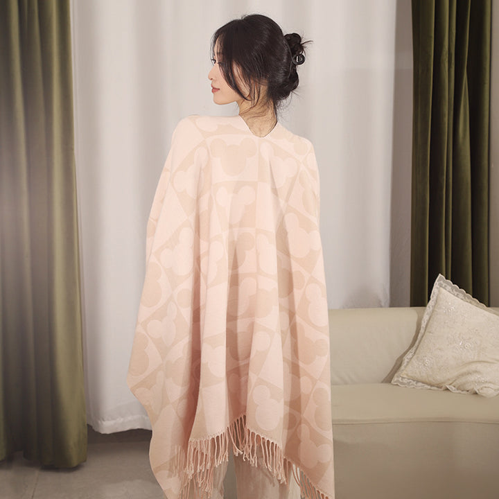 Damen Oversize-Poncho mit Fransen und figurativem Jacquardmuster aus Wollmix Drune