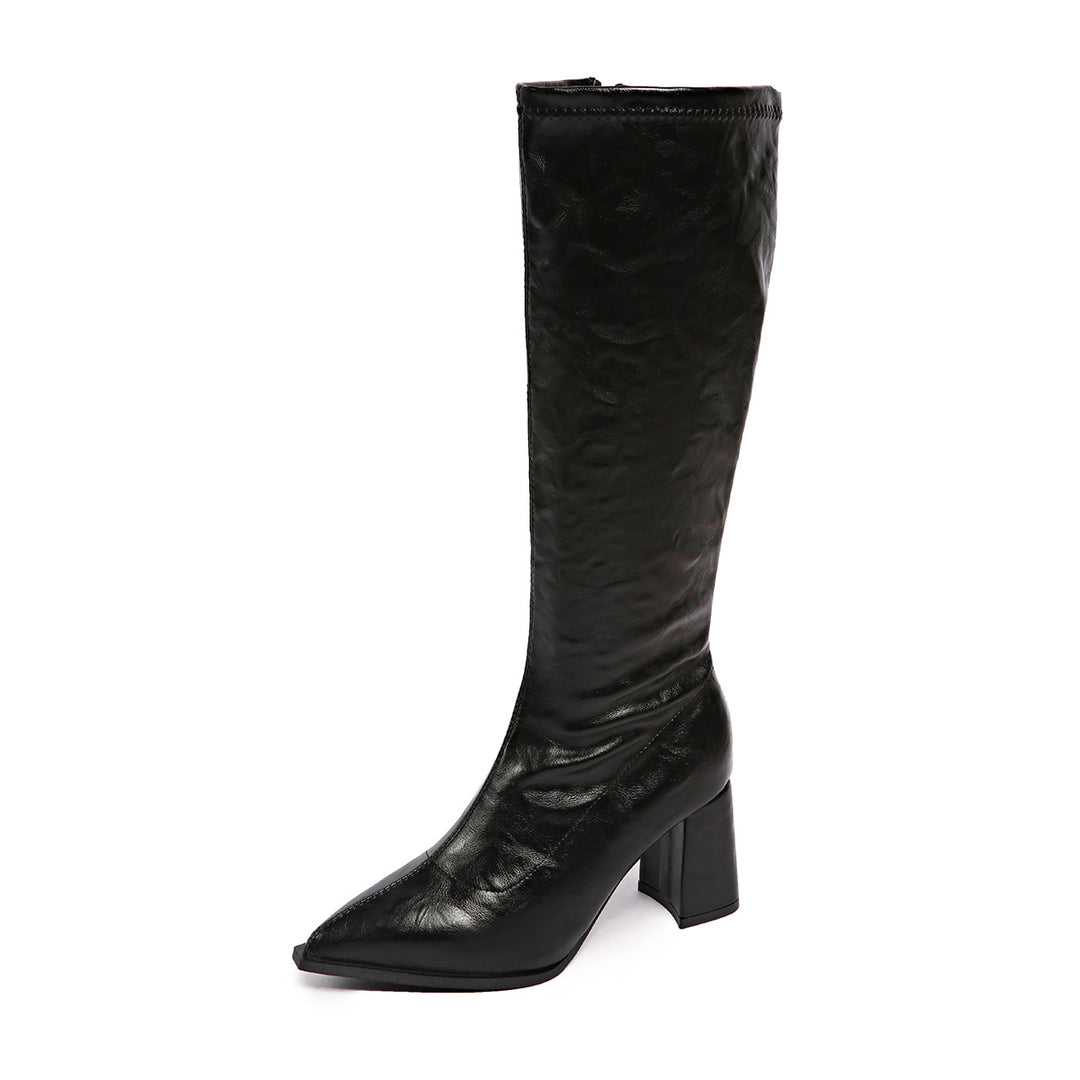 Damen hochmodische Stiefel mit blockiertem Absatz und spitzem Zehenbereich Drune