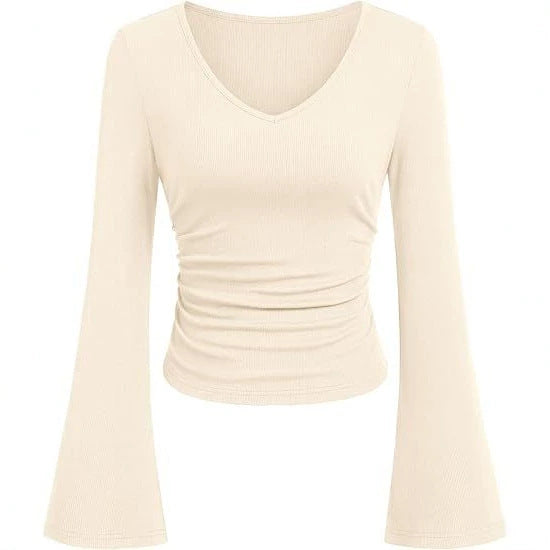 Damen Geripptes Cropped-Top mit V-Ausschnitt, taillierter Raffung und ausgestellten Trompetenärmeln Drune