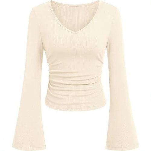 Damen Geripptes Cropped-Top mit V-Ausschnitt, taillierter Raffung und ausgestellten Trompetenärmeln Drune