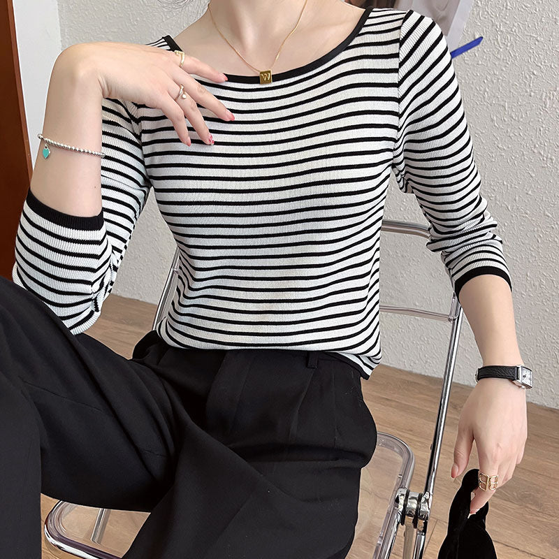 Damen Langarmshirt mit maritimem Streifenmuster und weitem Rundhalsausschnitt Drune