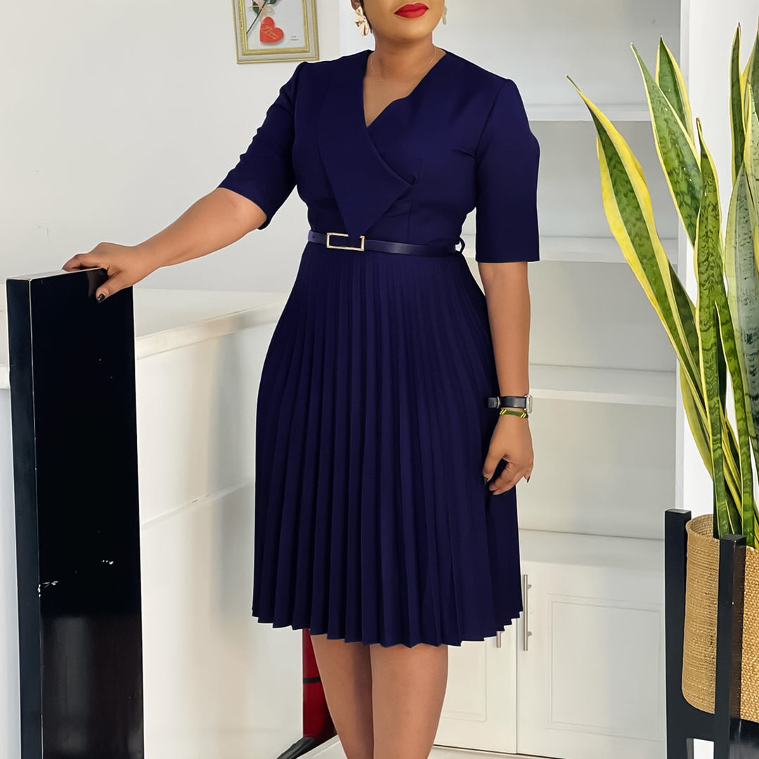Damen Plissee Kleid mit elegantem V-Ausschnitt und abnehmbarem Taillengürtel Drune