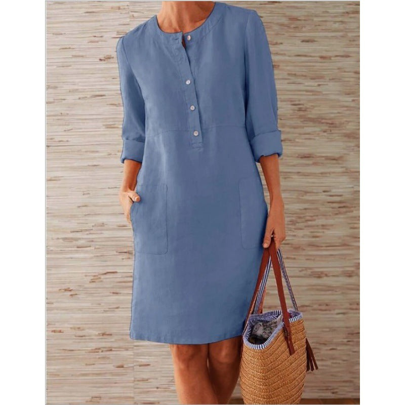 Damen Locker geschnittenes Leinenoptik-Kleid mit dreiviertel-Ärmeln, Knopfleiste und Eingrifftaschen Drune