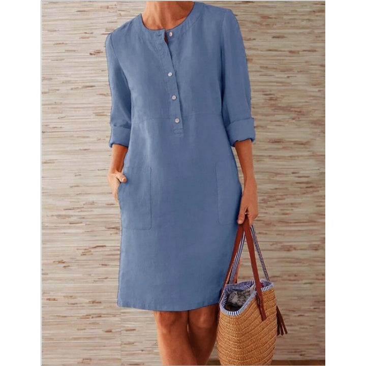 Damen Locker geschnittenes Leinenoptik-Kleid mit dreiviertel-Ärmeln, Knopfleiste und Eingrifftaschen Drune
