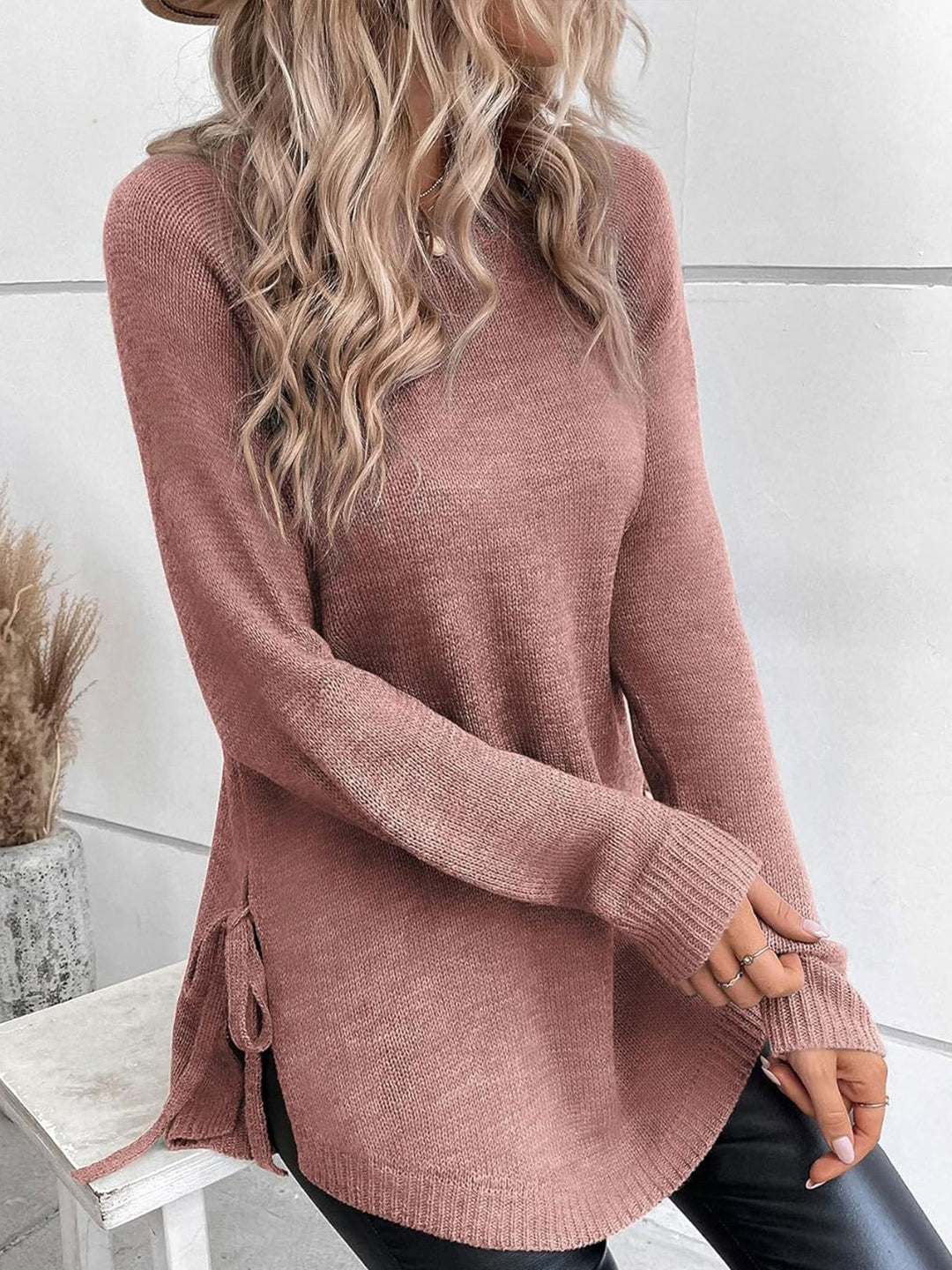 Damen lässiger Pullover mit seitlichen Bindebändern Drune
