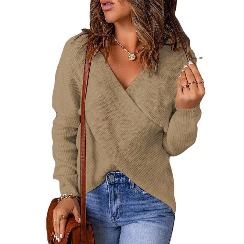 Damen lässiger Wickel-Pullover mit tiefem V-Ausschnitt und strukturiertem Gewebe Drune