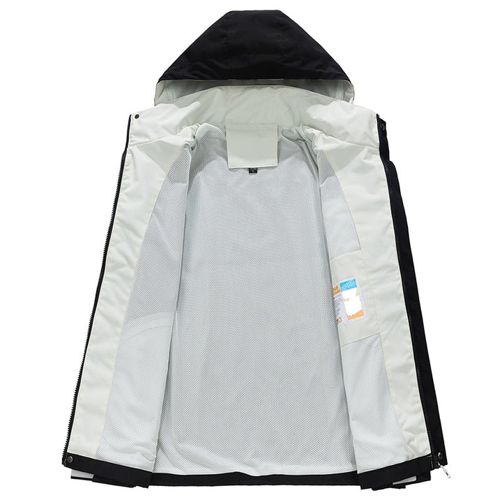 Herren Wasserdichte dreilagige Outdoorjacke mit Kapuze, atmungsaktivem Meshfutter und verstellbaren Bündchen Drune