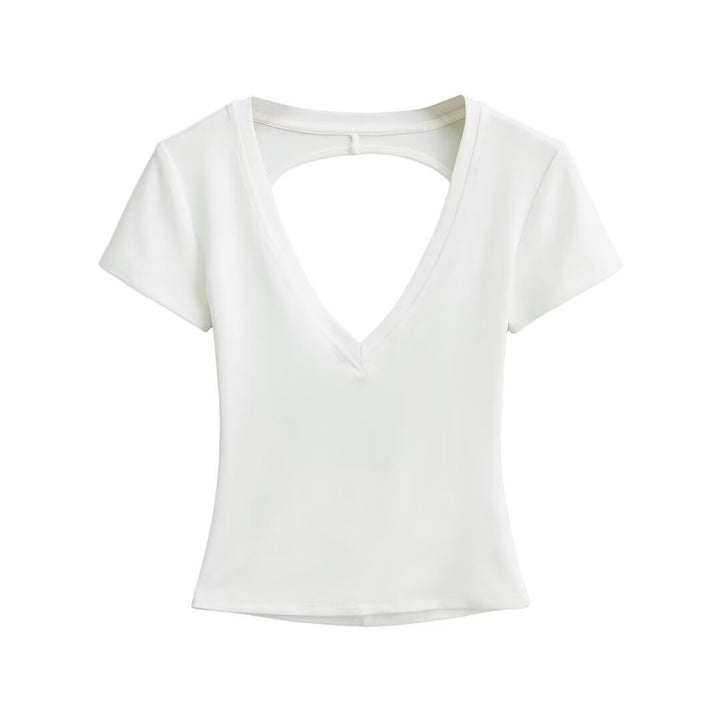 Damen modisches V-Ausschnitt T-Shirt mit offenem Rücken Drune