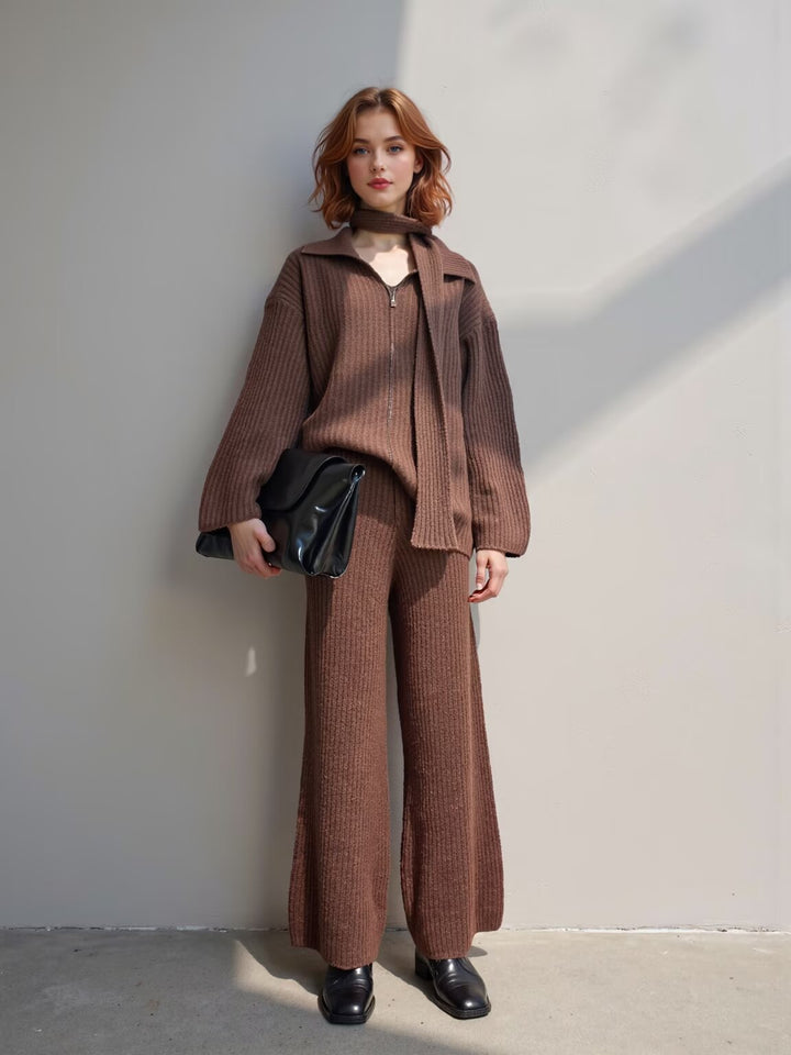 Damen Gerippter Strickzweiteiler mit weitem V-Ausschnitt, langem Schal und Palazzo-Hose Drune