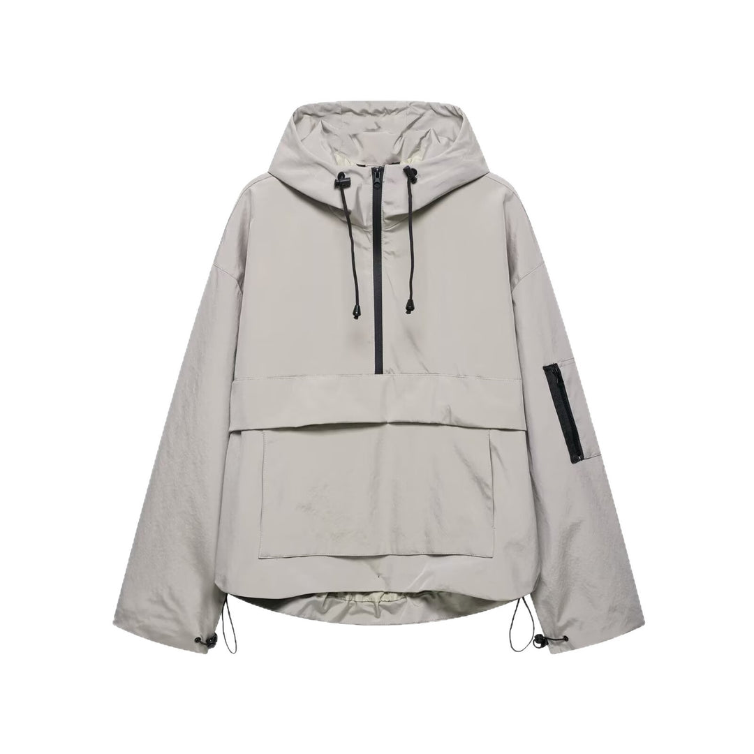 Damen funktionale Windjacke mit verstellbarem Kapuzenkragen und Kängurutasche Drune
