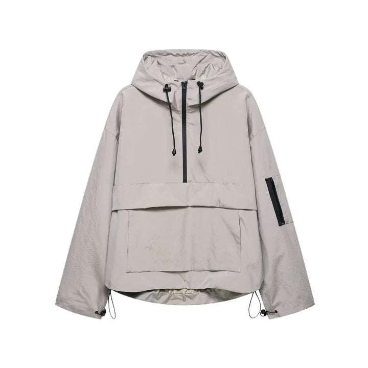 Damen funktionale Windjacke mit verstellbarem Kapuzenkragen und Kängurutasche Drune
