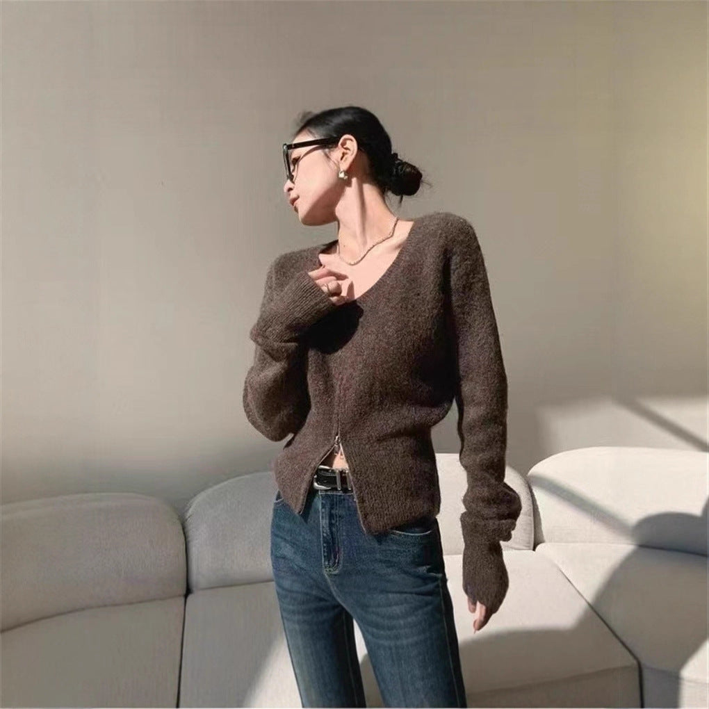 Damen Modische Strickjacke mit tiefem V-Ausschnitt und Reißverschluss Drune