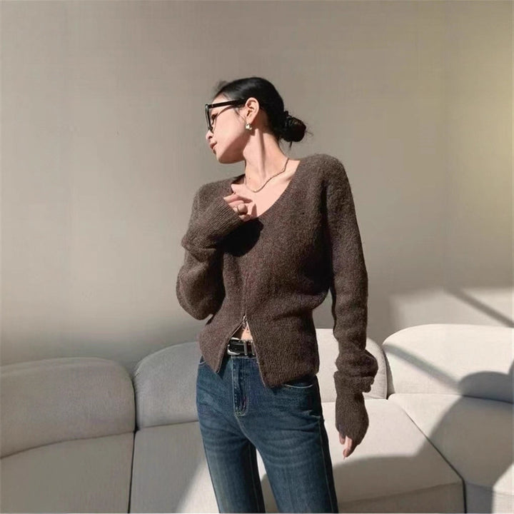 Damen Modische Strickjacke mit tiefem V-Ausschnitt und Reißverschluss Drune