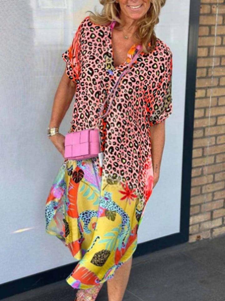 Damen nan weit geschnittenes V-Ausschnitt Midikleid mit Leoparden- und Tropenprint Drune