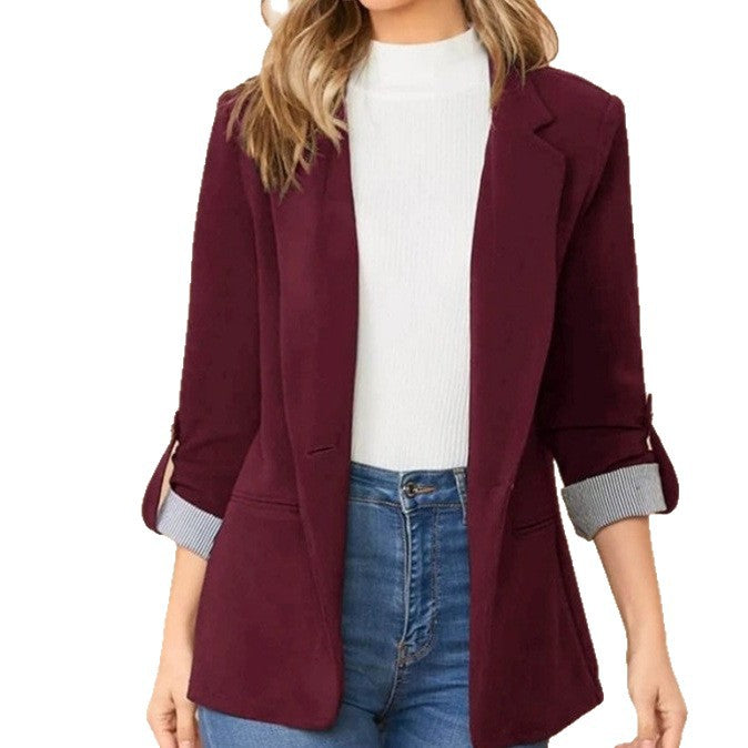 Damen stilvolle und vielseitige Blazerjacke mit umgeschlagenen Ärmeln Drune