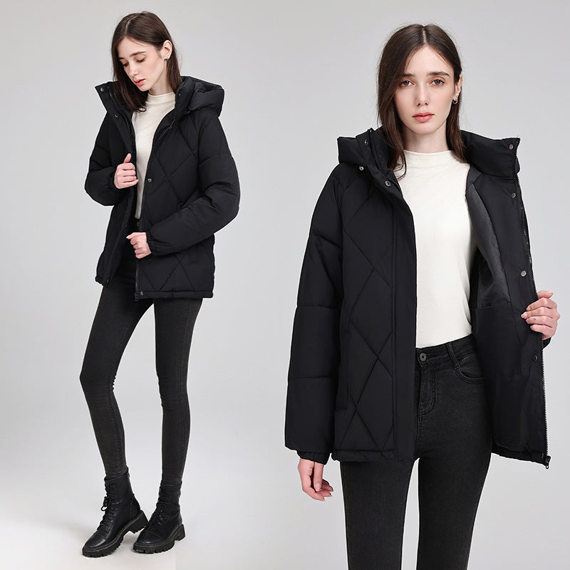 Damen nan luxuriöse kurze Pufferjacke mit integriertem Windschutzkragen und Taillengürtel Drune
