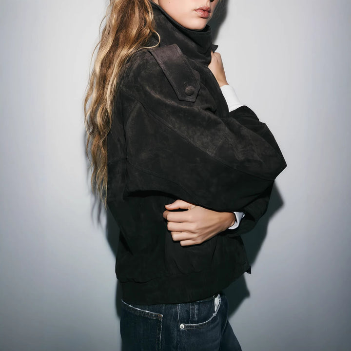 Damen Lässige Wildlederjacke mit hohem Kragen