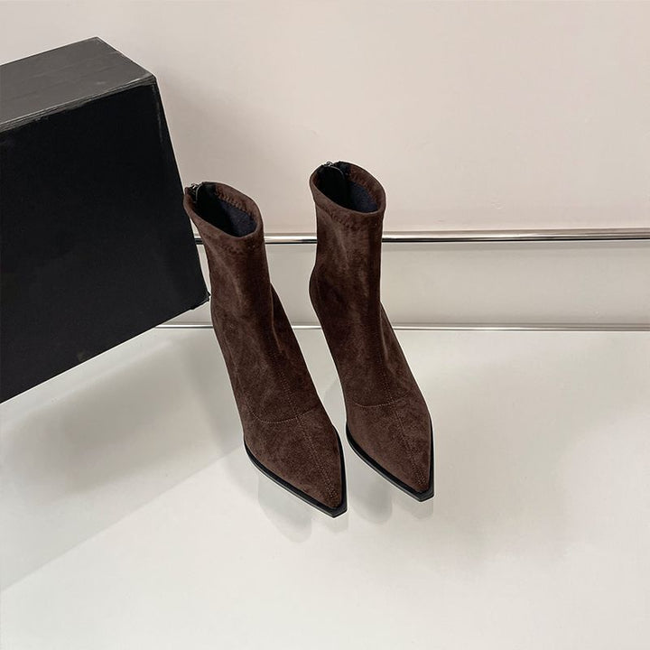 Damen Spitz zulaufende Ankle-Boots aus Veloursoptik mit sockenhaftem Schaft und schlankem Stiletto-Absatz Drune
