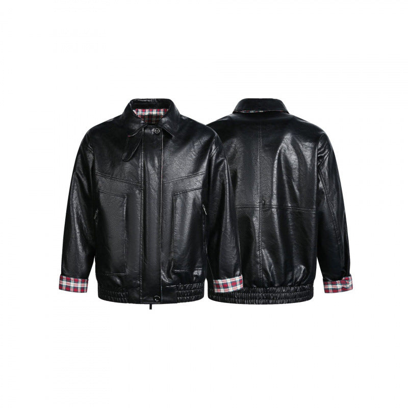 Herren Lederimitat-Blouson mit Karofutter, Reißverschluss und elastischem Saum Drune