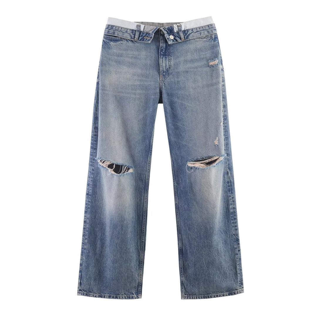 Damen Weitgeschnittene Destroyed-Jeans mit tiefer Leibhöhe und geradem Bein Drune