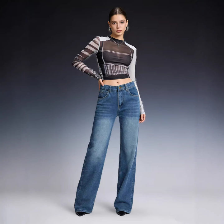 Damen nan hochgeschnittene Weitbein-Jeans mit tonaler Seitennaht und verwaschenem Verlauf Drune