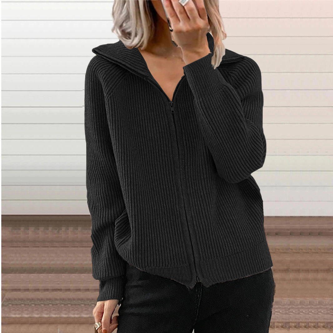 Damen Gerippte Kapuzen-Strickjacke mit Reißverschluss und Eingrifftaschen Drune