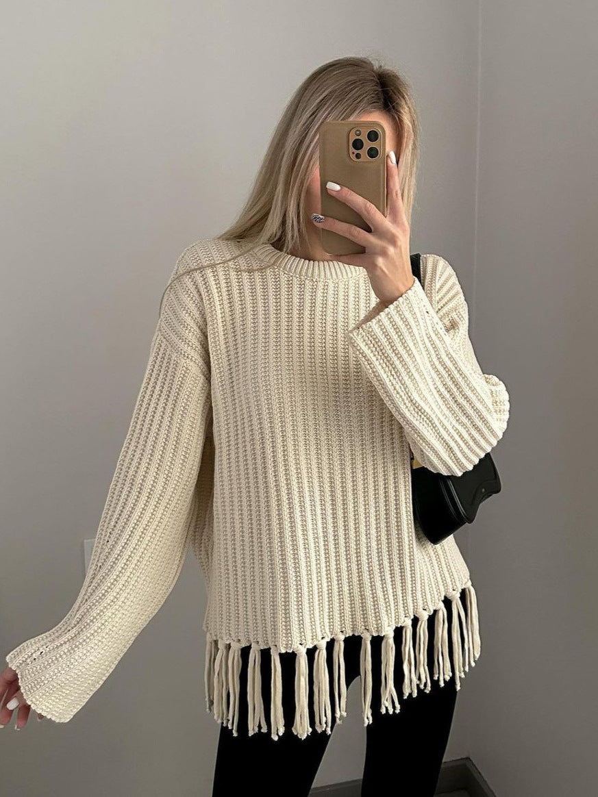 Damen Grob gestrickter Pullover mit Fransen Drune