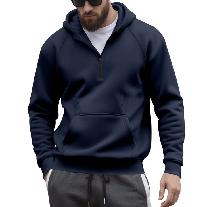 Herren nan Halbzip-Kapuzenpullover im minimalistischen Softshell-Look mit Kängurutasche und Raglanärmeln Drune