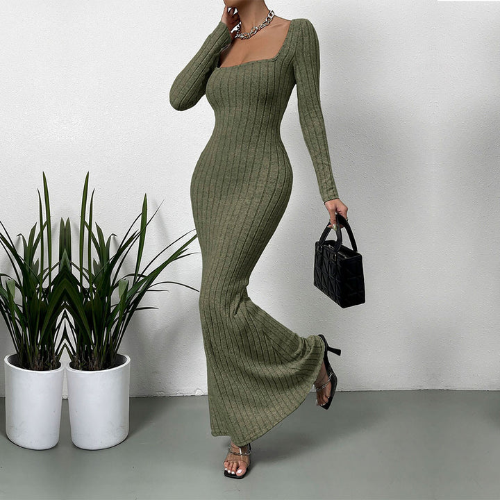 Damen geripptes Sculpting-Maxikleid mit Quadratausschnitt und taillierter Meerjungfrauen‑Silhouette Drune