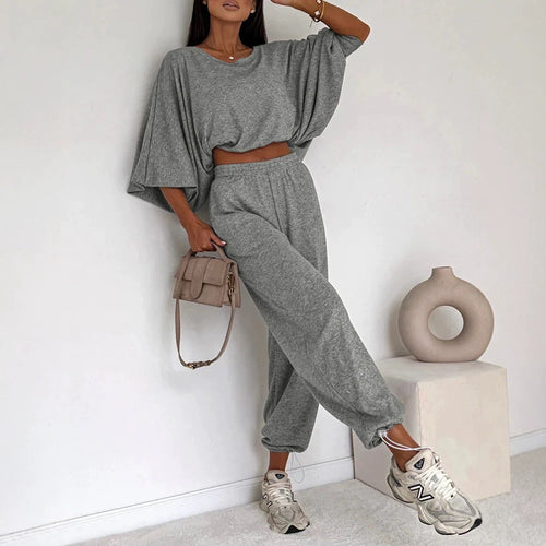 Damen Lässiges Strick-Lounge-Set mit Fledermausärmeln und High-Waist-Joggpants Drune