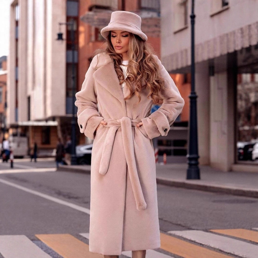 Damen Eleganter Maxi-Wollmantel mit Taillengürtel, breitem Revers und krempelbaren Manschetten Drune