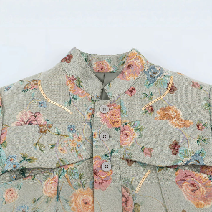 Damen geblümte Jacquard‑Kurzjacke mit Stehkragen, Pattentaschen und Paillettenbesatz Drune