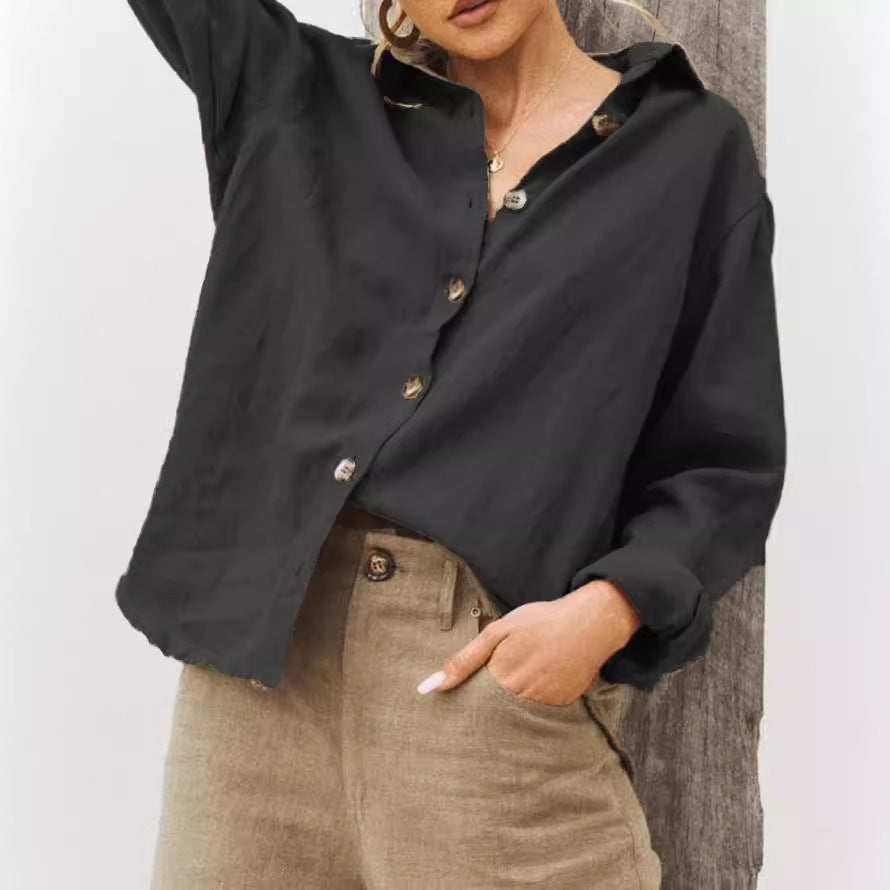 Damen lässige Leinenbluse mit Knopfleiste und weitem Schnitt Drune