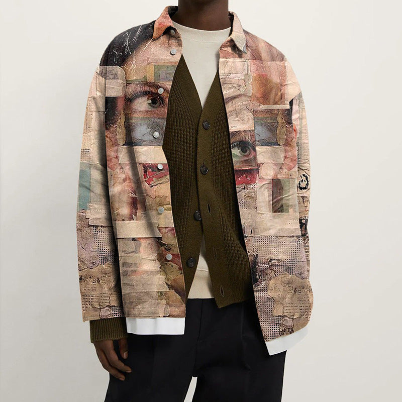 Damen Oversized Wolloptik-Überhemd mit asymmetrischem Vogelprint und Pattentasche Drune