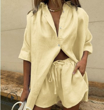 Damen lässiges Leinen-Set mit oversized Hemd und kurzen Hosen Drune