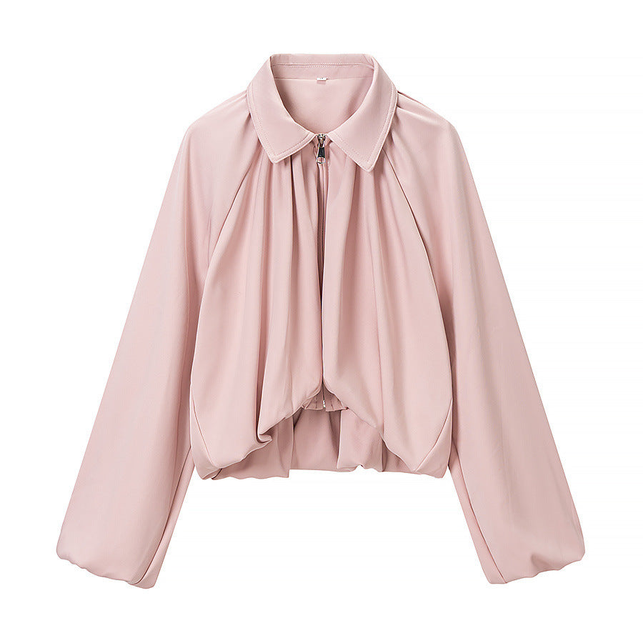 Damen Kurzblouson mit Kellerfalten, Reißverschluss und Ballonärmeln Drune