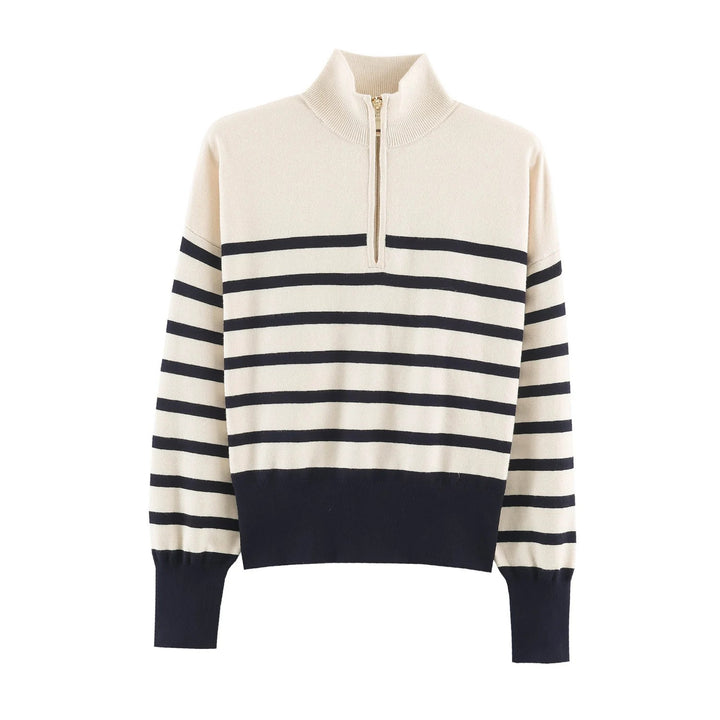 Damen Gestreifter Halbzip-Pullover mit Stehkragen und weitem Saum Drune