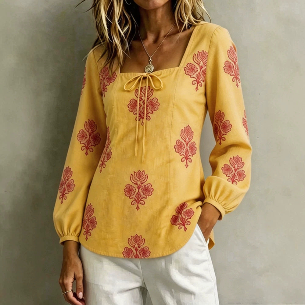 Damen Bestickte Tunika-Bluse mit quadratischem Ausschnitt und femininen Ballonärmeln Drune